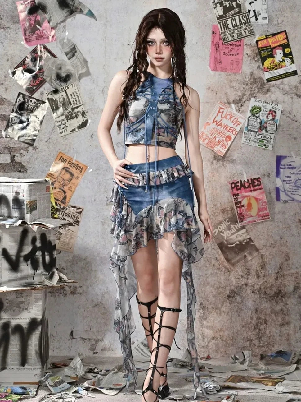 Virtual Orbit Glimmer Butterfly Y2K Asymmetrical Ruffle Pu Mini Skirt