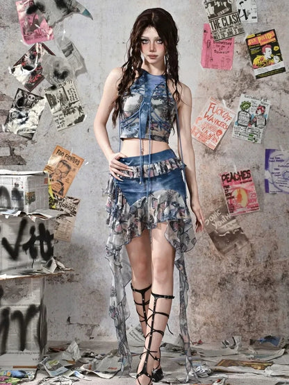 Virtual Orbit Glimmer Butterfly Y2K Asymmetrical Ruffle Pu Mini Skirt