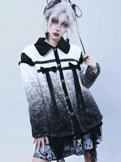 Virtual Orbit Gradient Rabbit Fur Style Bow Jacket