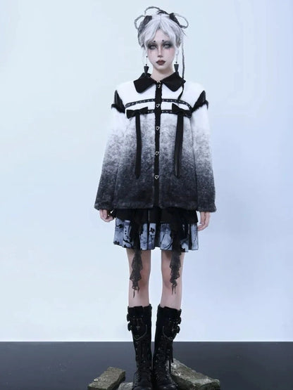 Virtual Orbit Gradient Rabbit Fur Style Bow Jacket