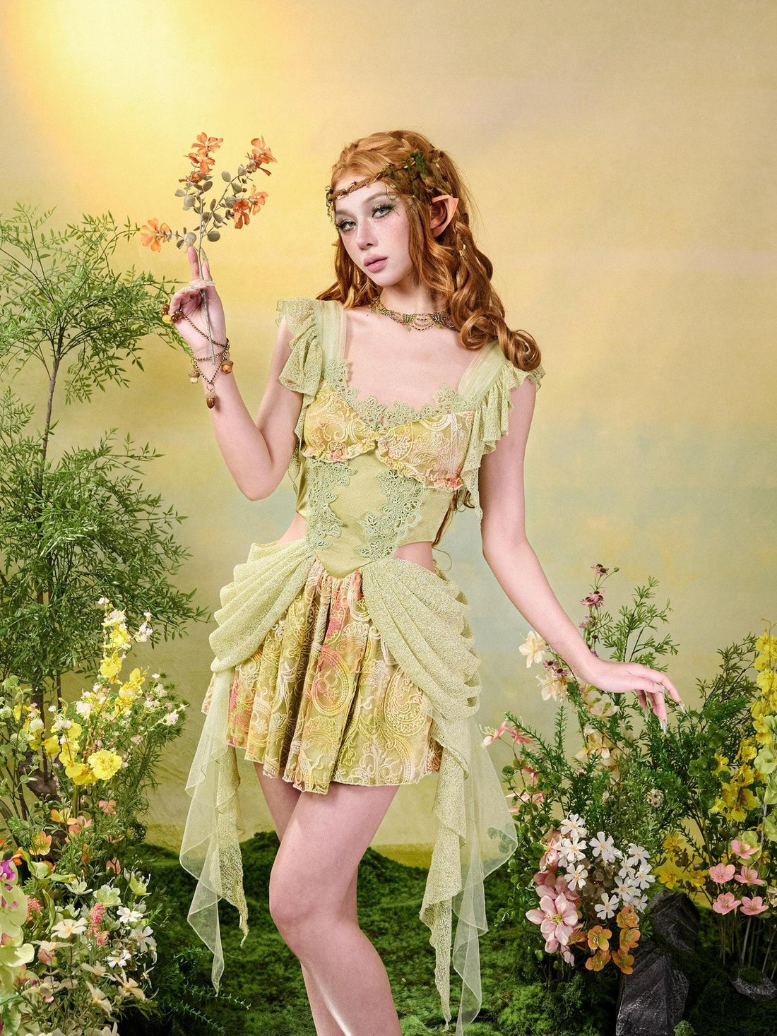Virtual Orbit Green Lace Tassel Princess Exposed Waist Women&