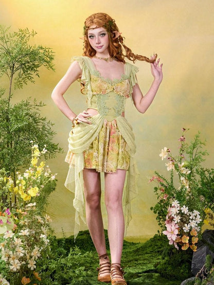 Virtual Orbit Green Lace Tassel Princess Exposed Waist Women&
