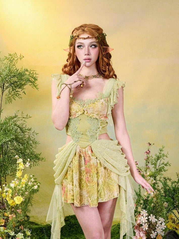 Virtual Orbit Green Lace Tassel Princess Exposed Waist Women&