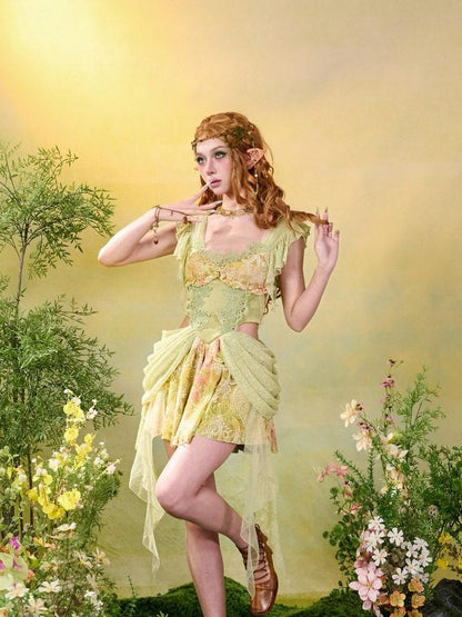 Virtual Orbit Green Lace Tassel Princess Exposed Waist Women&