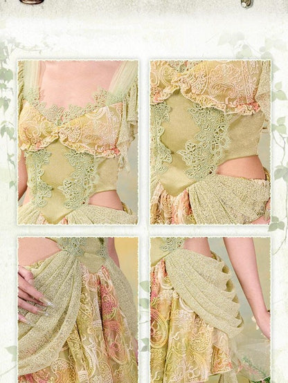 Virtual Orbit Green Lace Tassel Princess Exposed Waist Women&