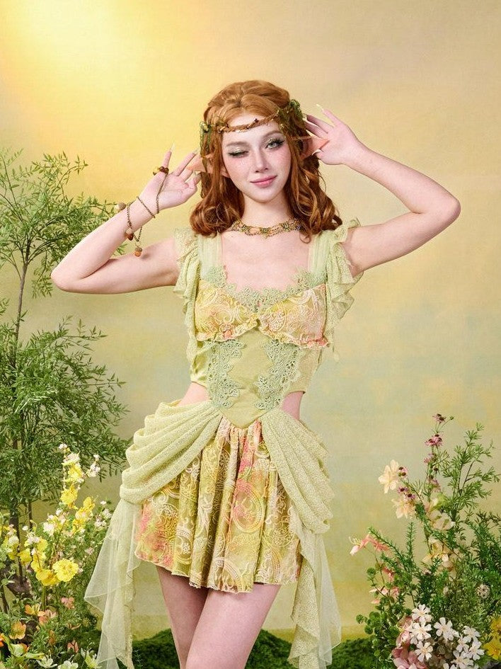 Virtual Orbit Green Lace Tassel Princess Exposed Waist Women&