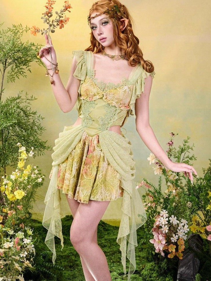 Virtual Orbit Green Lace Tassel Princess Exposed Waist Women&