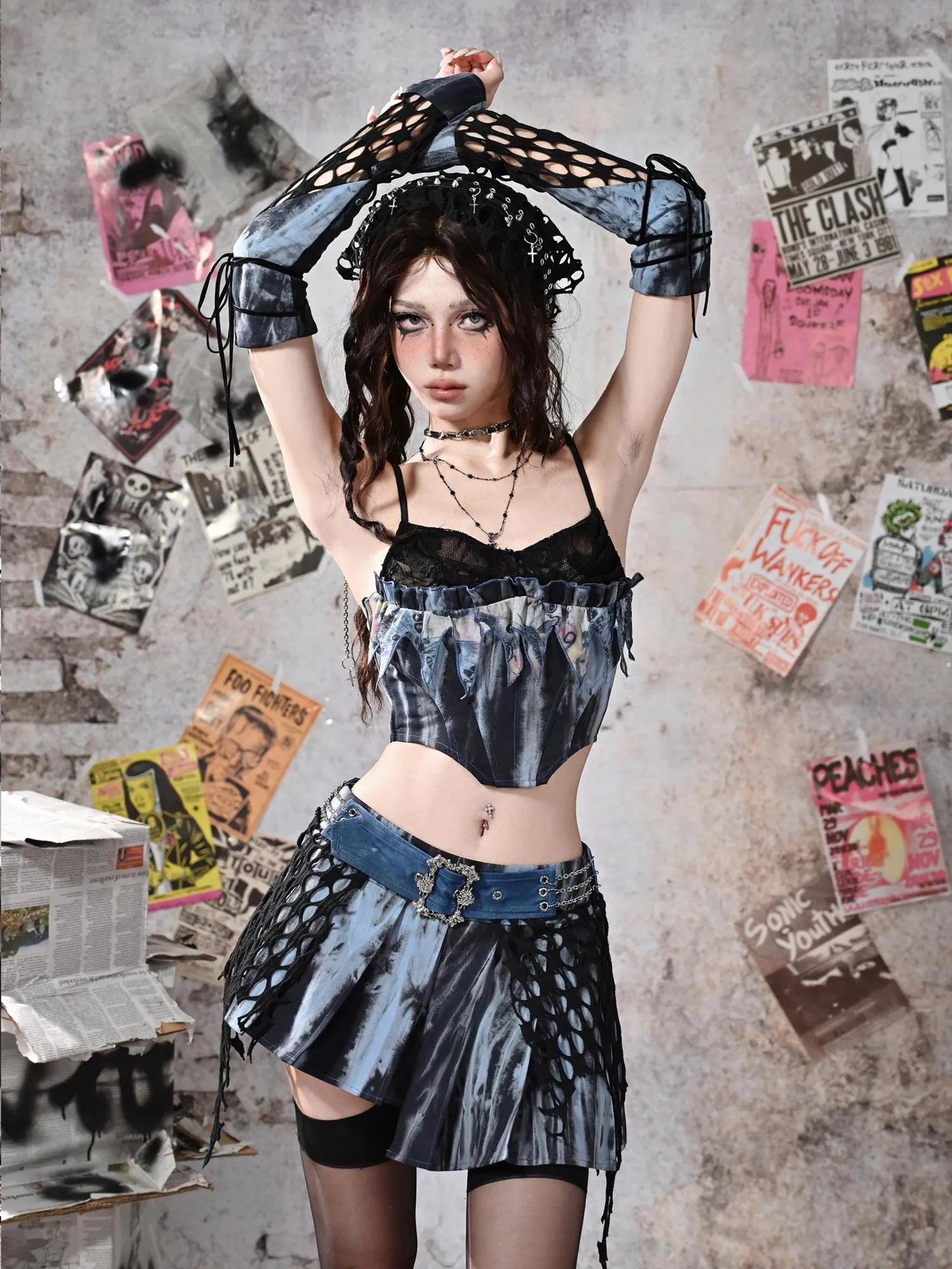 Virtual Orbit Grunge Fairy Y2K Low Waist Asymmetrical Pleated Skirt Set
