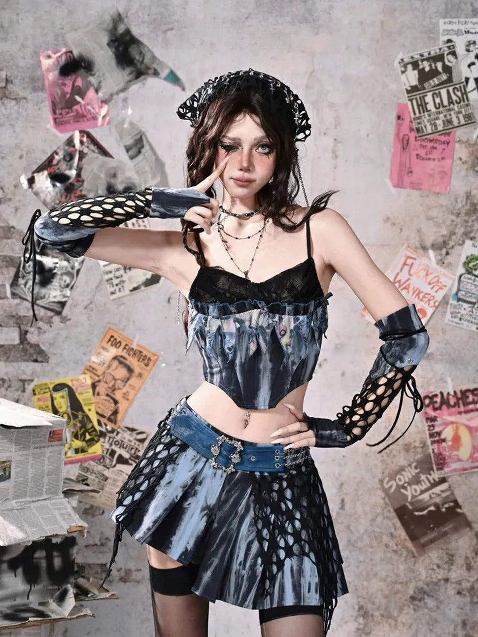 Virtual Orbit Grunge Fairy Y2K Low Waist Asymmetrical Pleated Skirt Set