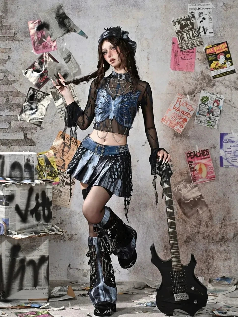 Virtual Orbit Grunge Fairy Y2K Low Waist Asymmetrical Pleated Skirt Set