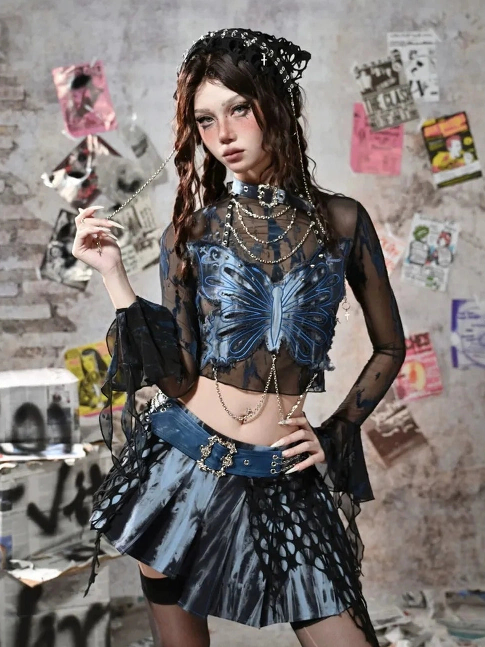 Virtual Orbit Grunge Fairy Y2K Low Waist Asymmetrical Pleated Skirt Set