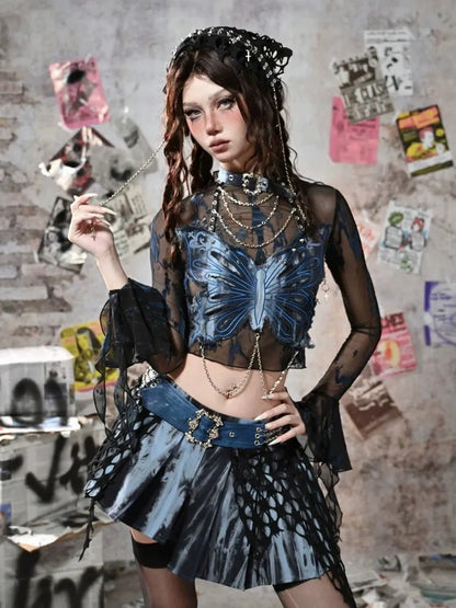 Virtual Orbit Grunge Fairy Y2K Low Waist Asymmetrical Pleated Skirt Set