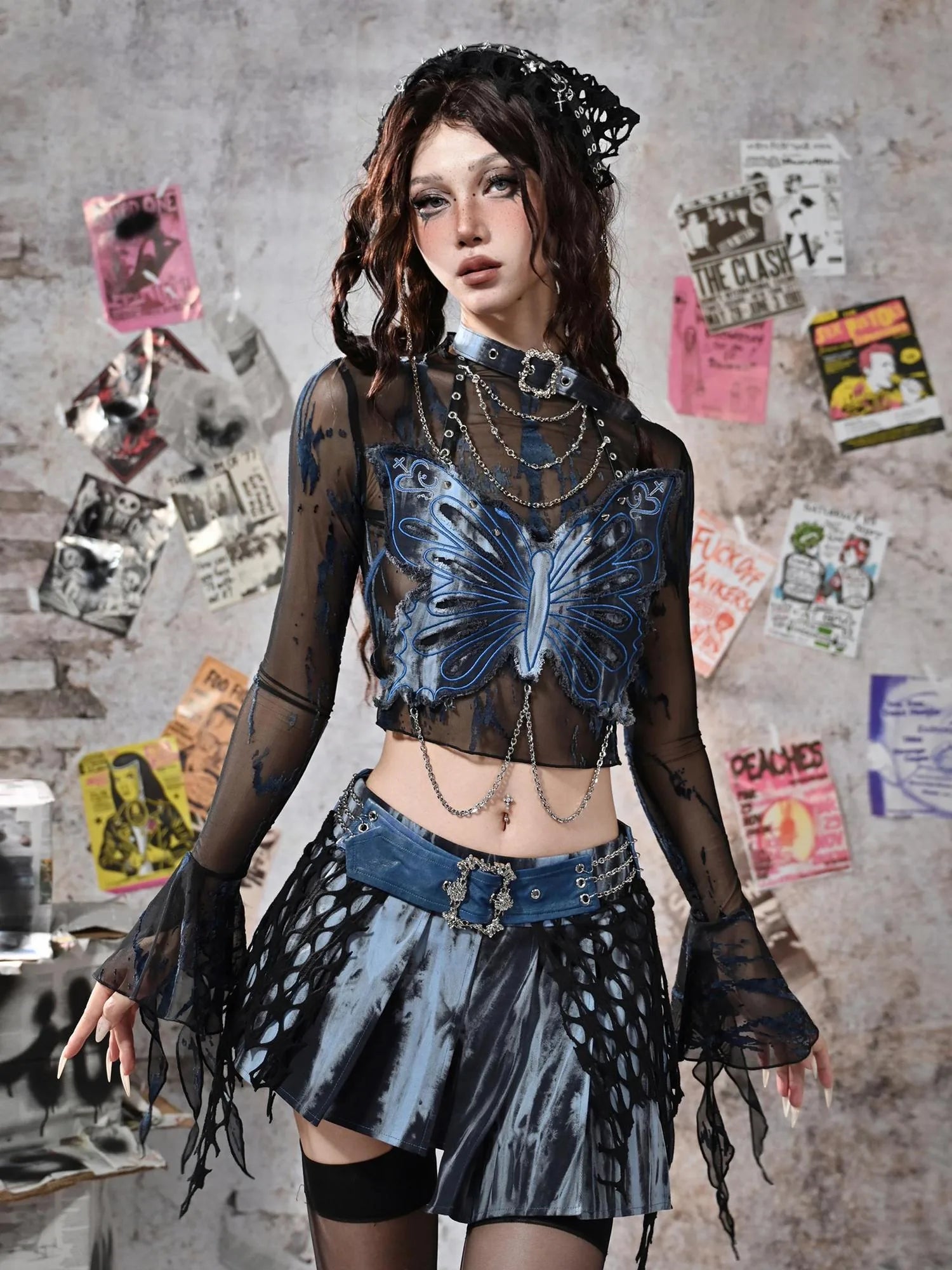 Virtual Orbit Grunge Fairy Y2K Low Waist Asymmetrical Pleated Skirt Set