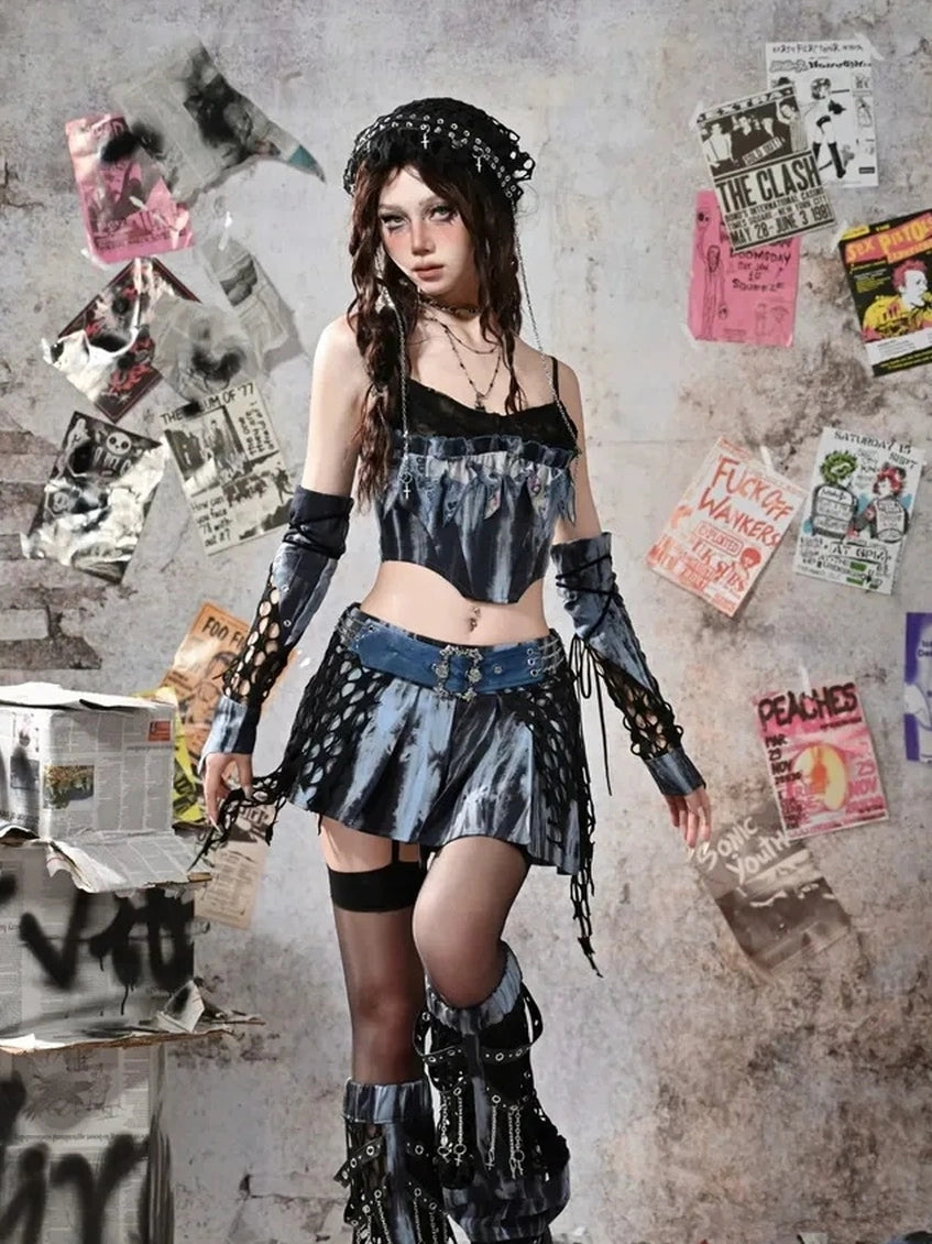 Virtual Orbit Grunge Fairy Y2K Low Waist Asymmetrical Pleated Skirt Set