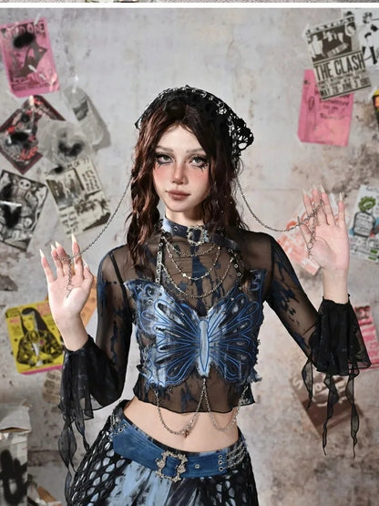 Virtual Orbit Grunge Fairy Y2K Low Waist Asymmetrical Pleated Skirt Set