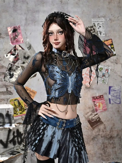 Virtual Orbit Grunge Fairy Y2K Low Waist Asymmetrical Pleated Skirt Set
