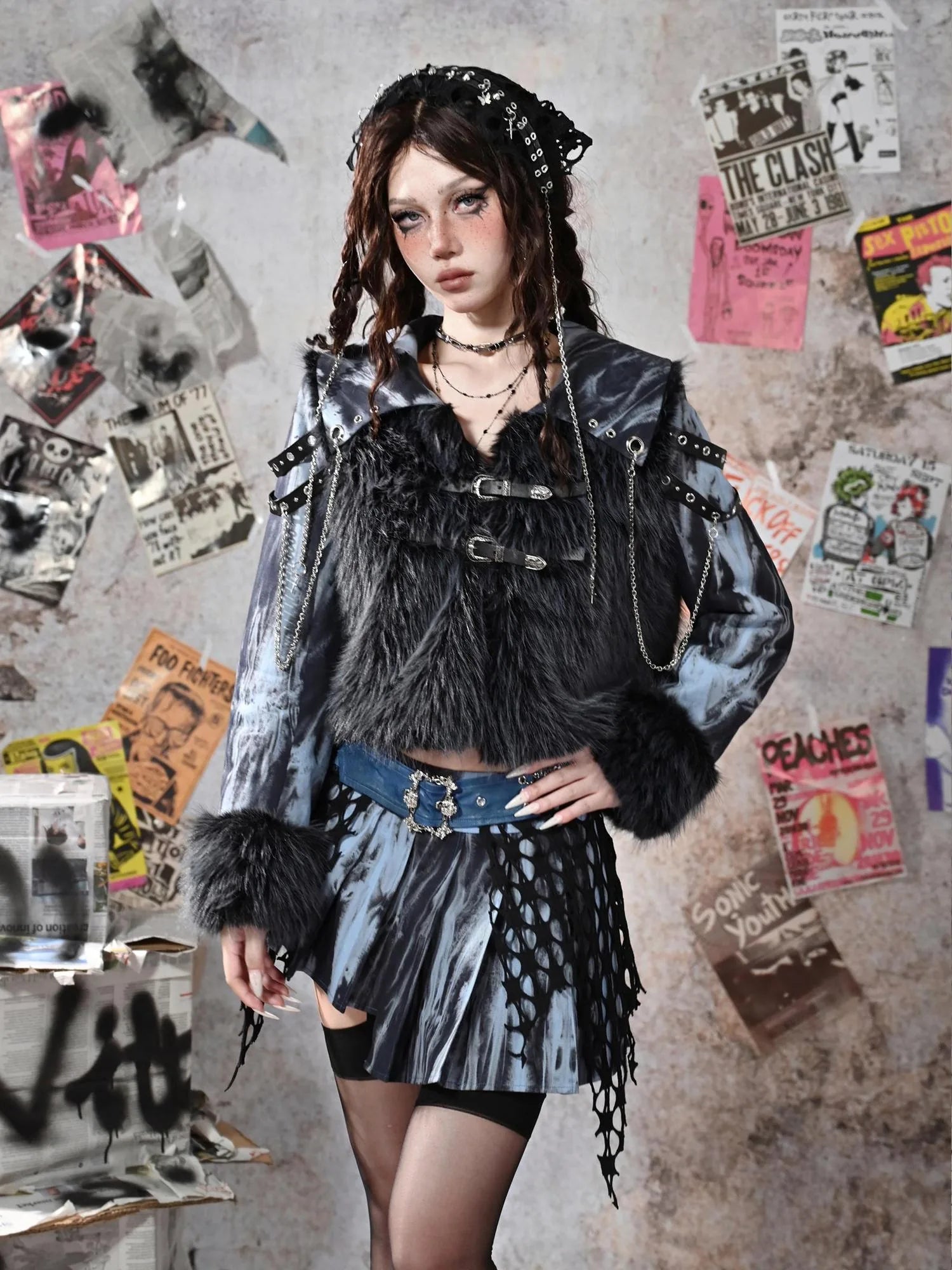 Virtual Orbit Grunge Fairy Y2k Patchwork Tie Dye Chain Punk Fur Coat