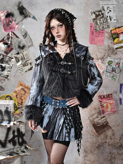 Virtual Orbit Grunge Fairy Y2k Patchwork Tie Dye Chain Punk Fur Coat