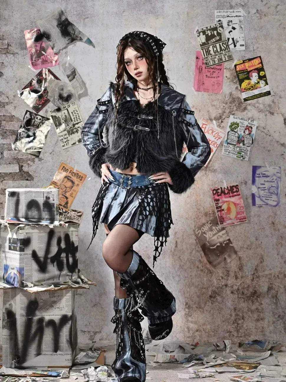 Virtual Orbit Grunge Fairy Y2k Patchwork Tie Dye Chain Punk Fur Coat