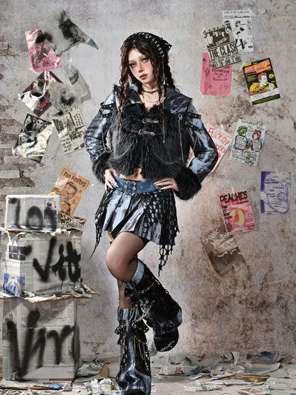 Virtual Orbit Grunge Fairy Y2k Patchwork Tie Dye Chain Punk Fur Coat