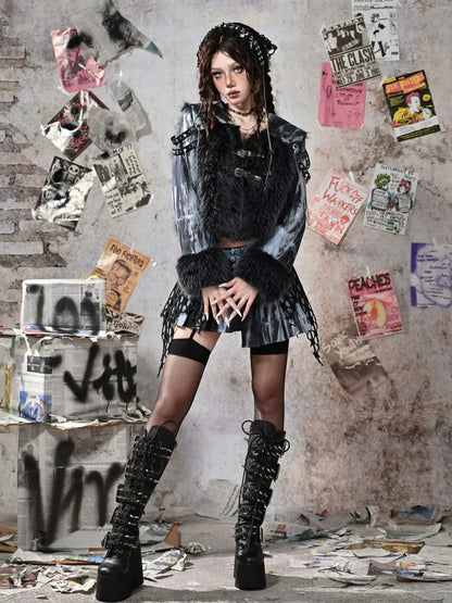 Virtual Orbit Grunge Fairy Y2k Patchwork Tie Dye Chain Punk Fur Coat