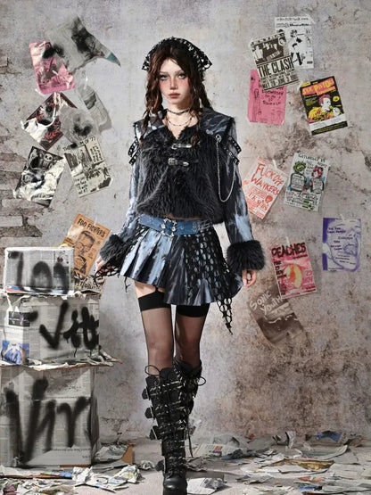 Virtual Orbit Grunge Fairy Y2k Patchwork Tie Dye Chain Punk Fur Coat