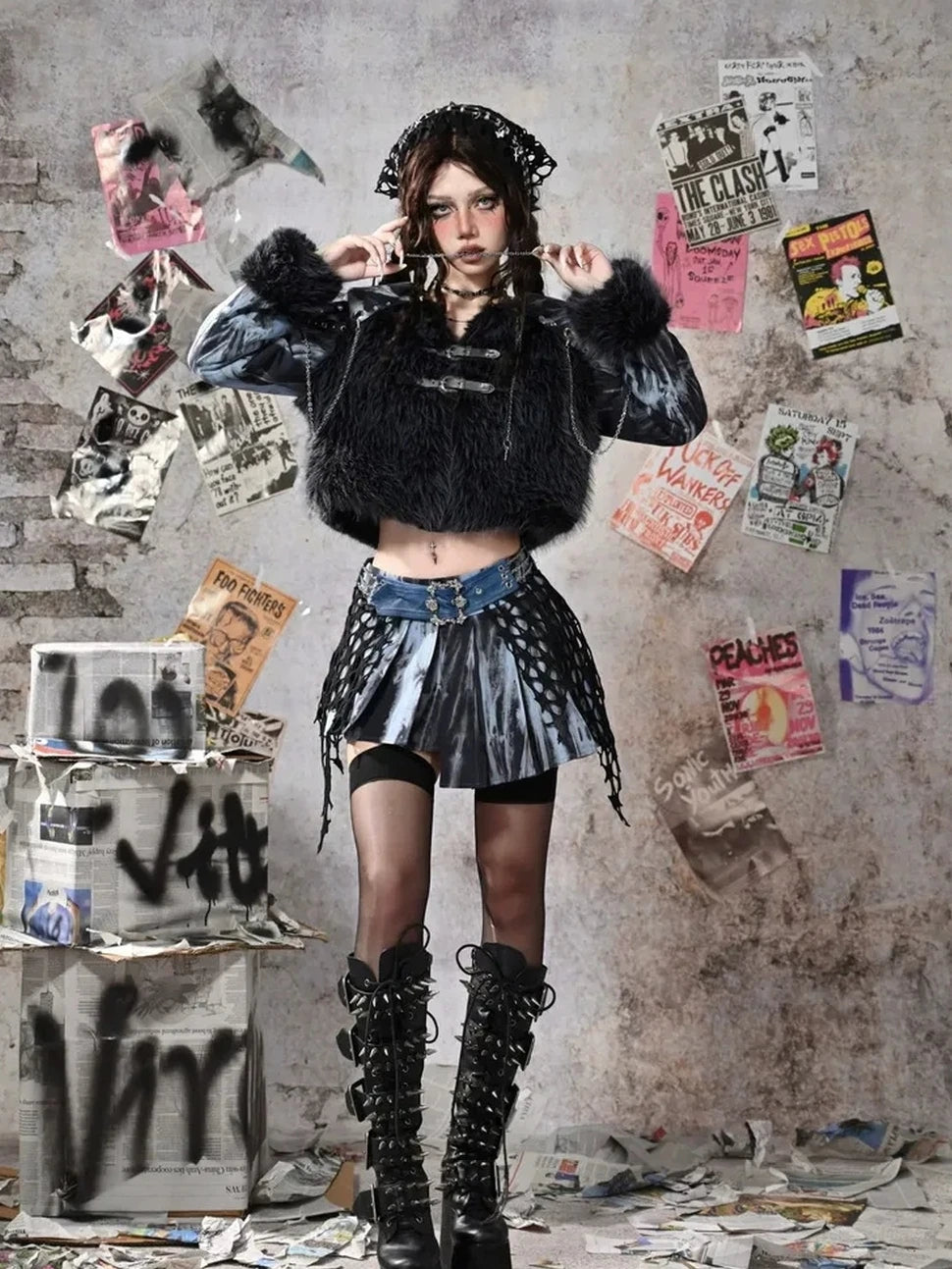 Virtual Orbit Grunge Fairy Y2k Patchwork Tie Dye Chain Punk Fur Coat