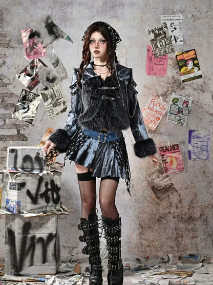 Virtual Orbit Grunge Fairy Y2k Patchwork Tie Dye Chain Punk Fur Coat