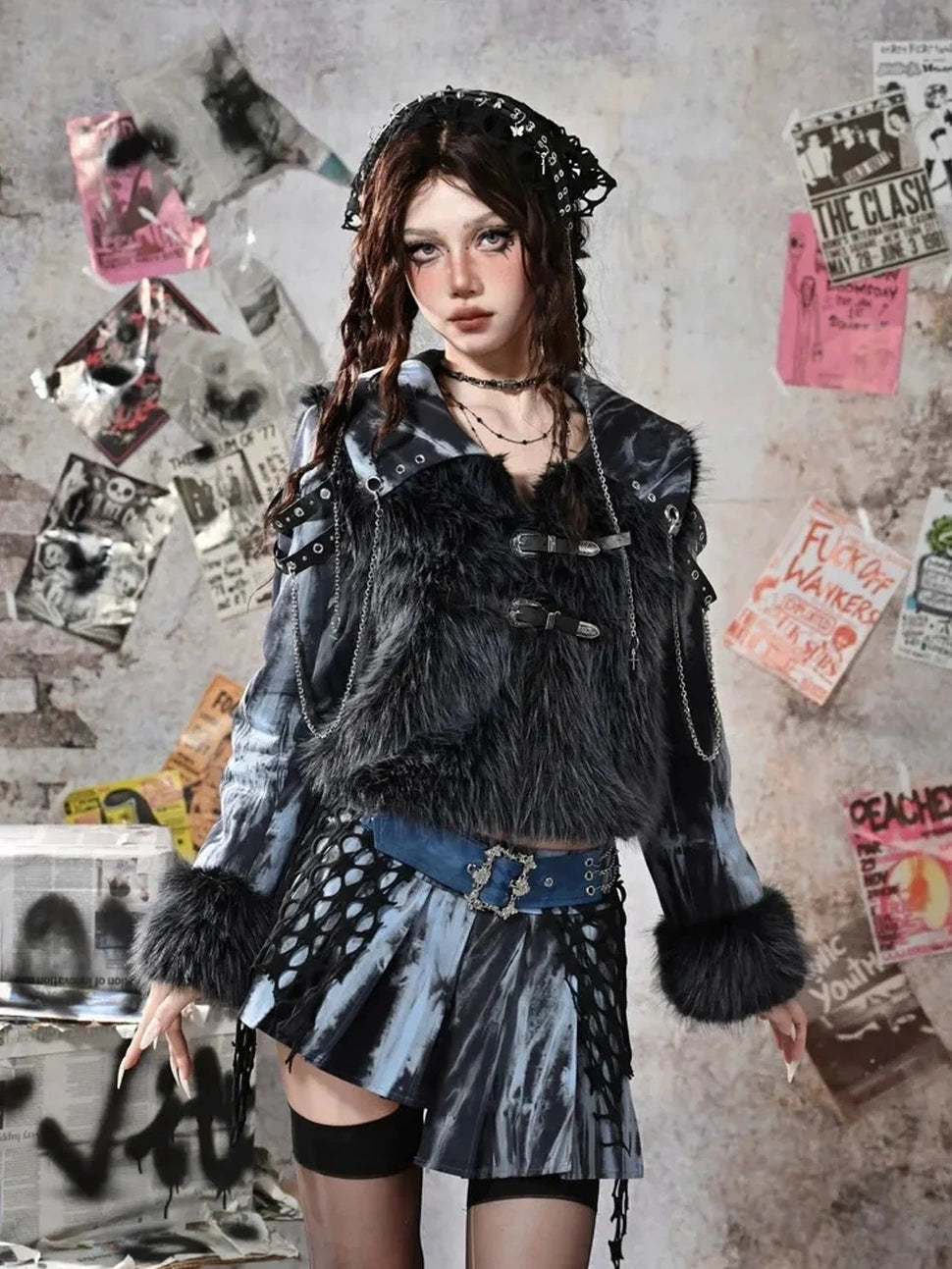 Virtual Orbit Grunge Fairy Y2k Patchwork Tie Dye Chain Punk Fur Coat