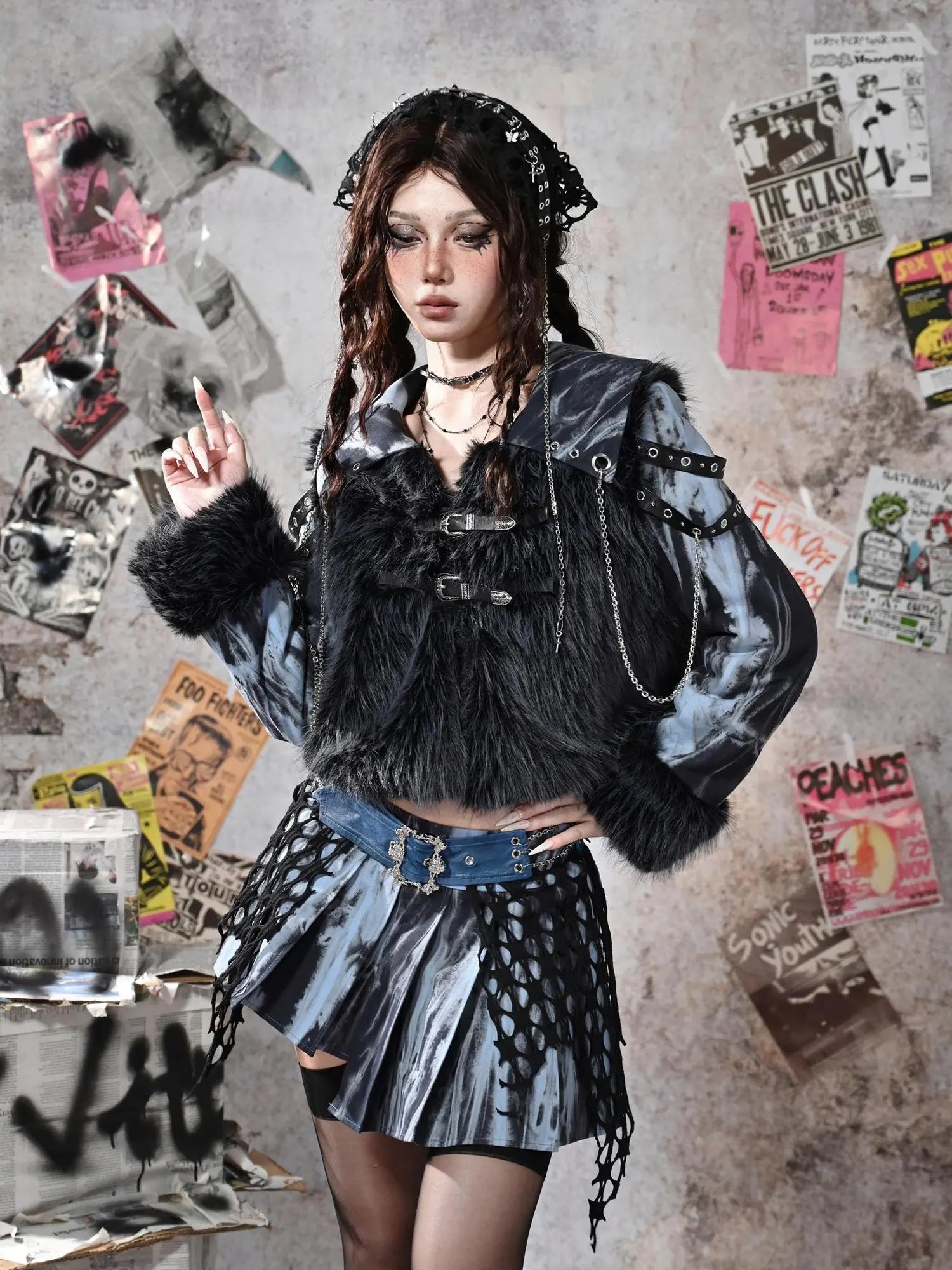 Virtual Orbit Grunge Fairy Y2k Patchwork Tie Dye Chain Punk Fur Coat