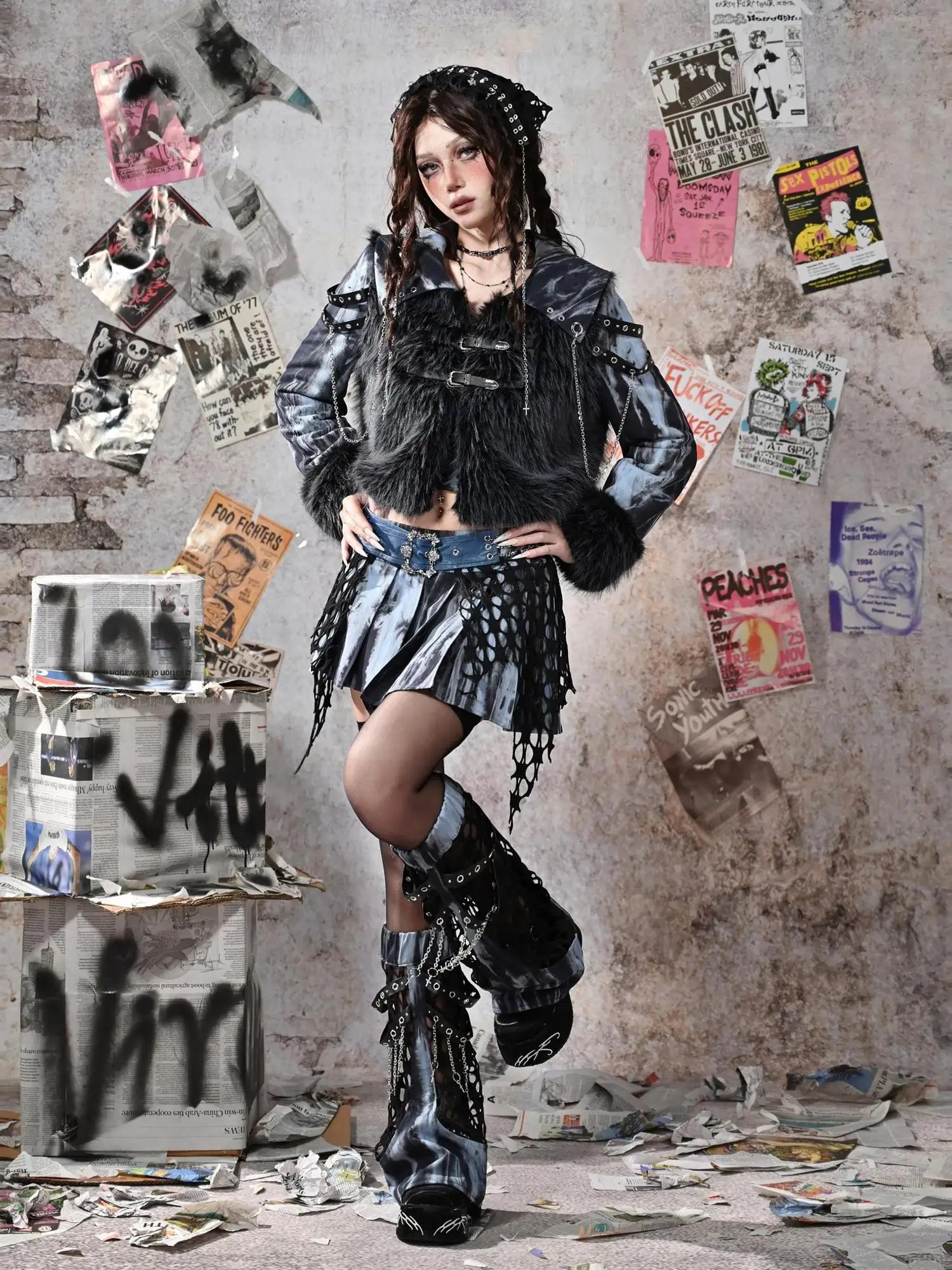 Virtual Orbit Grunge Fairy Y2k Patchwork Tie Dye Chain Punk Fur Coat