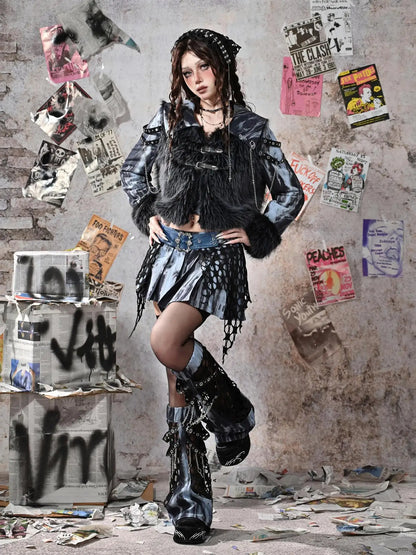 Virtual Orbit Grunge Fairy Y2k Patchwork Tie Dye Chain Punk Fur Coat