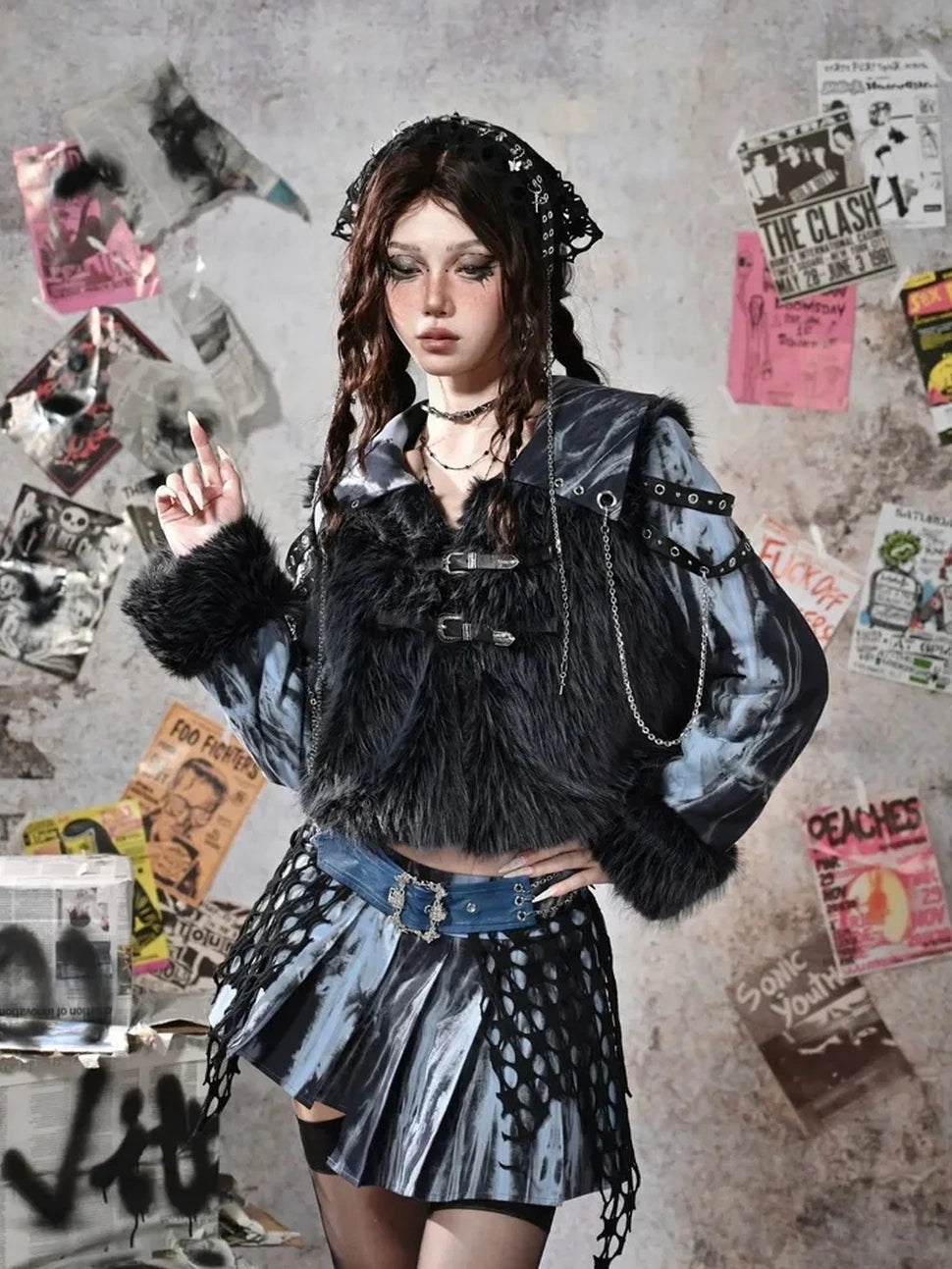Virtual Orbit Grunge Fairy Y2k Patchwork Tie Dye Chain Punk Fur Coat