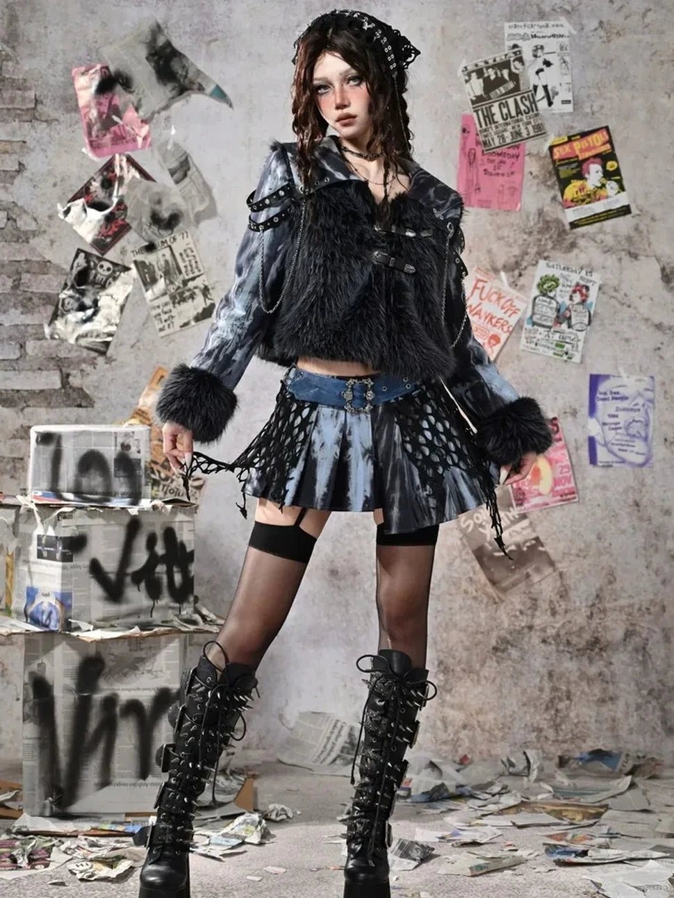 Virtual Orbit Grunge Fairy Y2k Patchwork Tie Dye Chain Punk Fur Coat