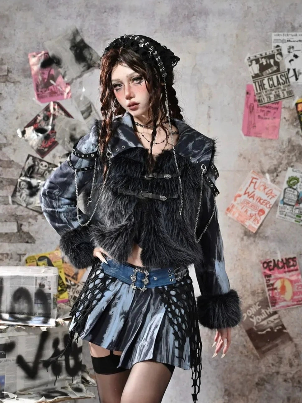 Virtual Orbit Grunge Fairy Y2k Patchwork Tie Dye Chain Punk Fur Coat