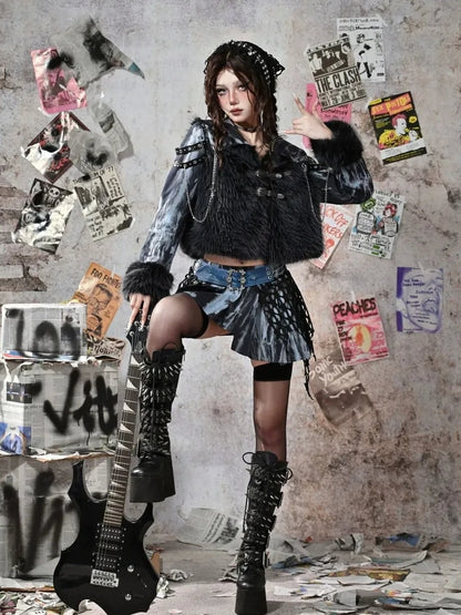 Virtual Orbit Grunge Fairy Y2k Patchwork Tie Dye Chain Punk Fur Coat