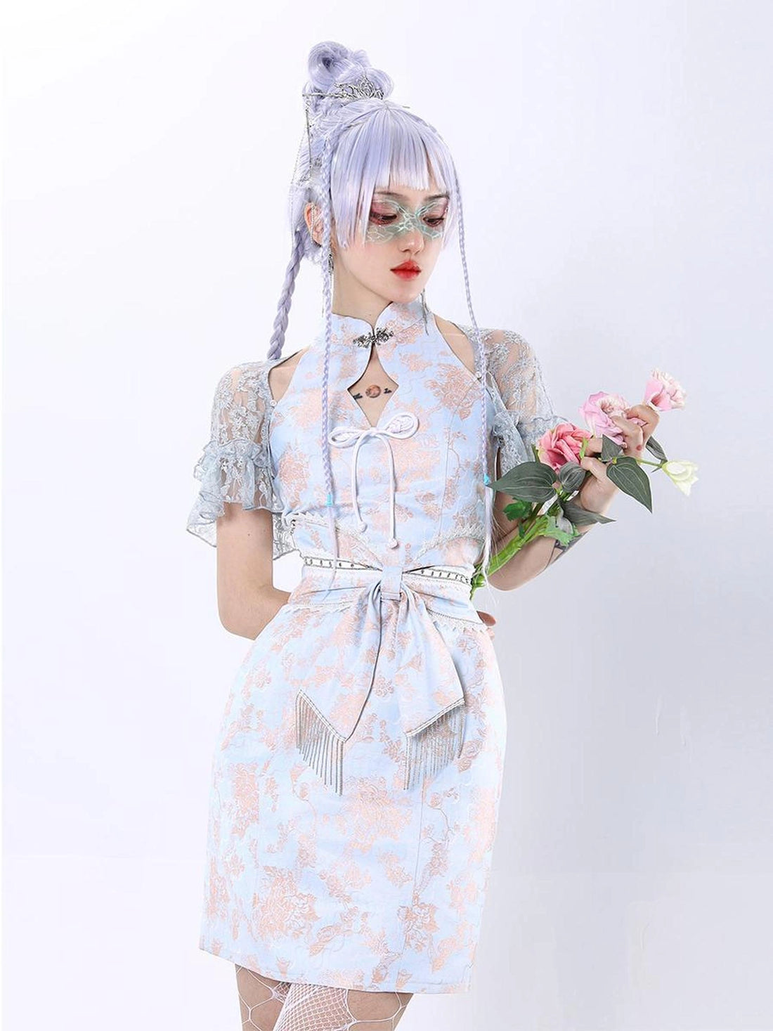 Virtual Orbit Hallucinatory Butterfly Lace Qipao Set