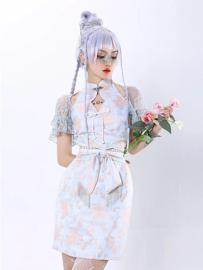 Virtual Orbit Hallucinatory Butterfly Lace Qipao Set