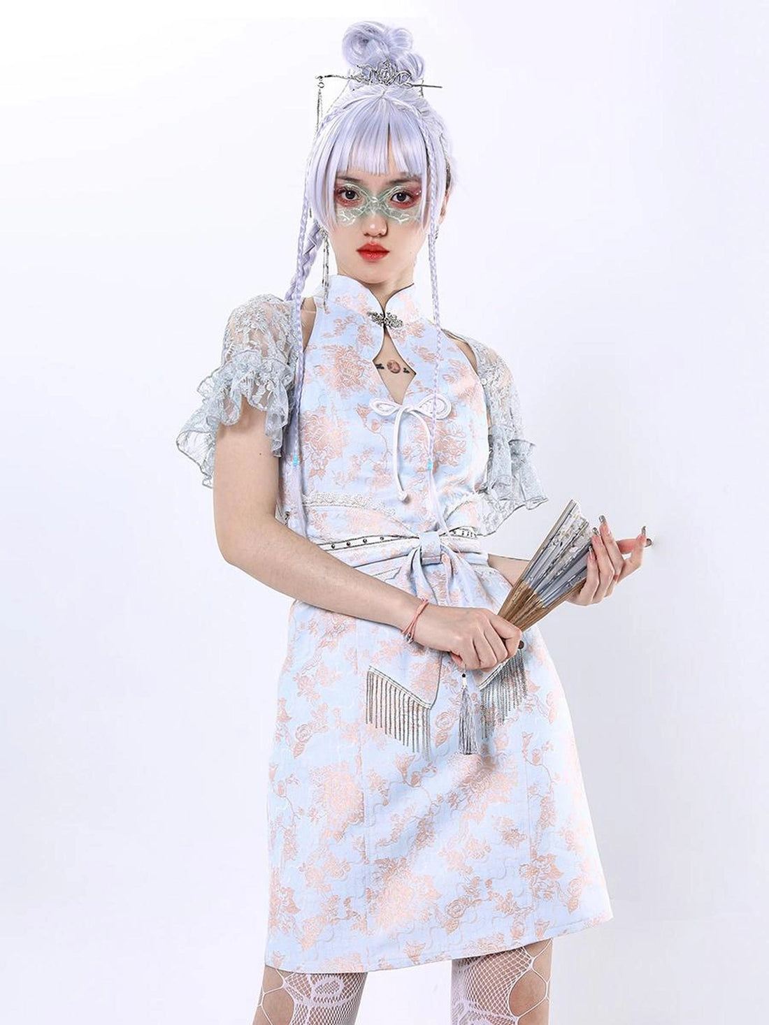Virtual Orbit Hallucinatory Butterfly Lace Qipao Set