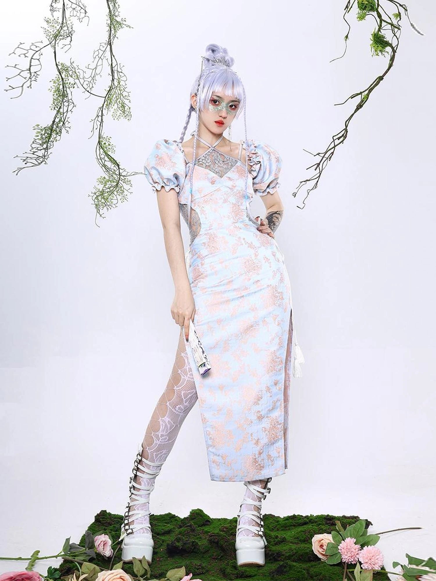 Virtual Orbit Hallucinatory Illusion Cheongsam V-neck T-shirt Long Sleeve