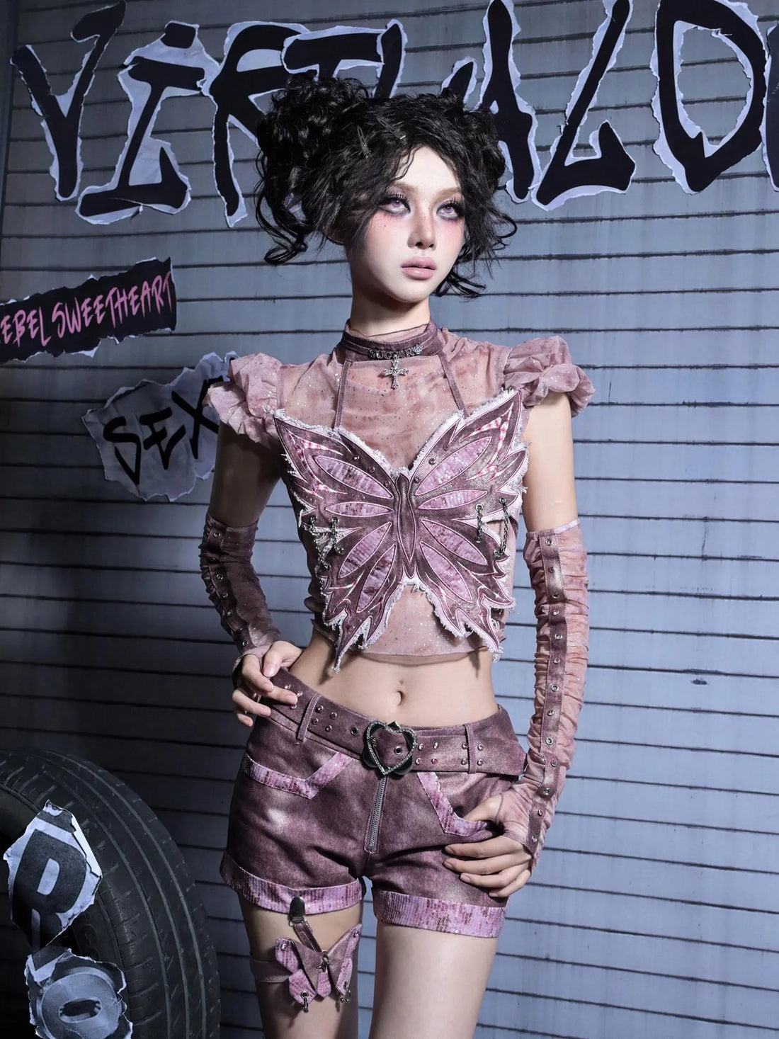 Virtual Orbit Heart Eroding Butterfly Cage Y2k Shorts