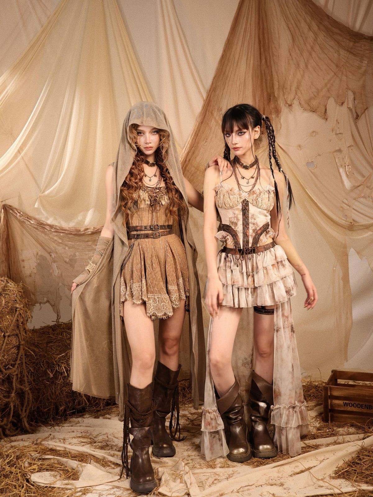 Virtual Orbit Hooded Open Front Cape Mesh Cloak Wasteland Romantic Nomadic Women&
