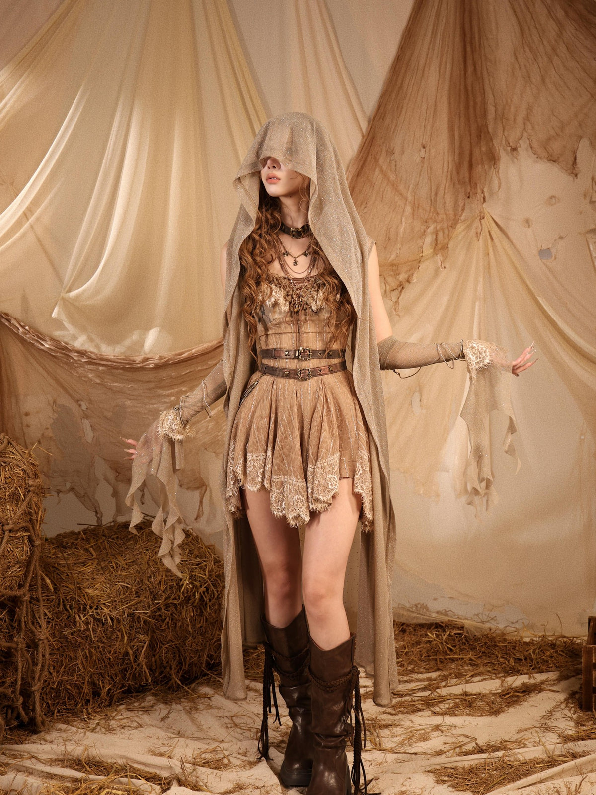 Virtual Orbit Hooded Open Front Cape Mesh Cloak Wasteland Romantic Nomadic Women&