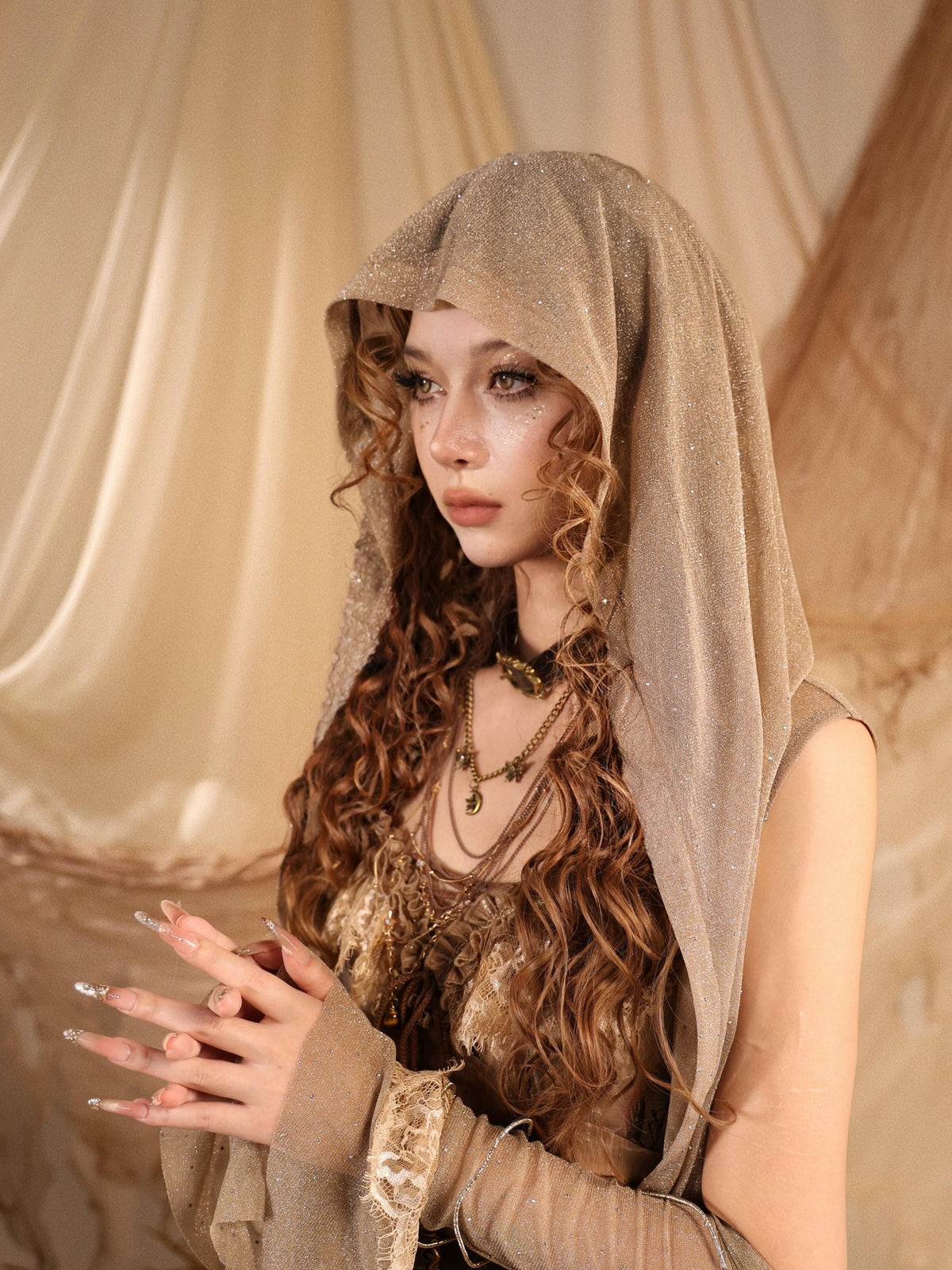 Virtual Orbit Hooded Open Front Cape Mesh Cloak Wasteland Romantic Nomadic Women&