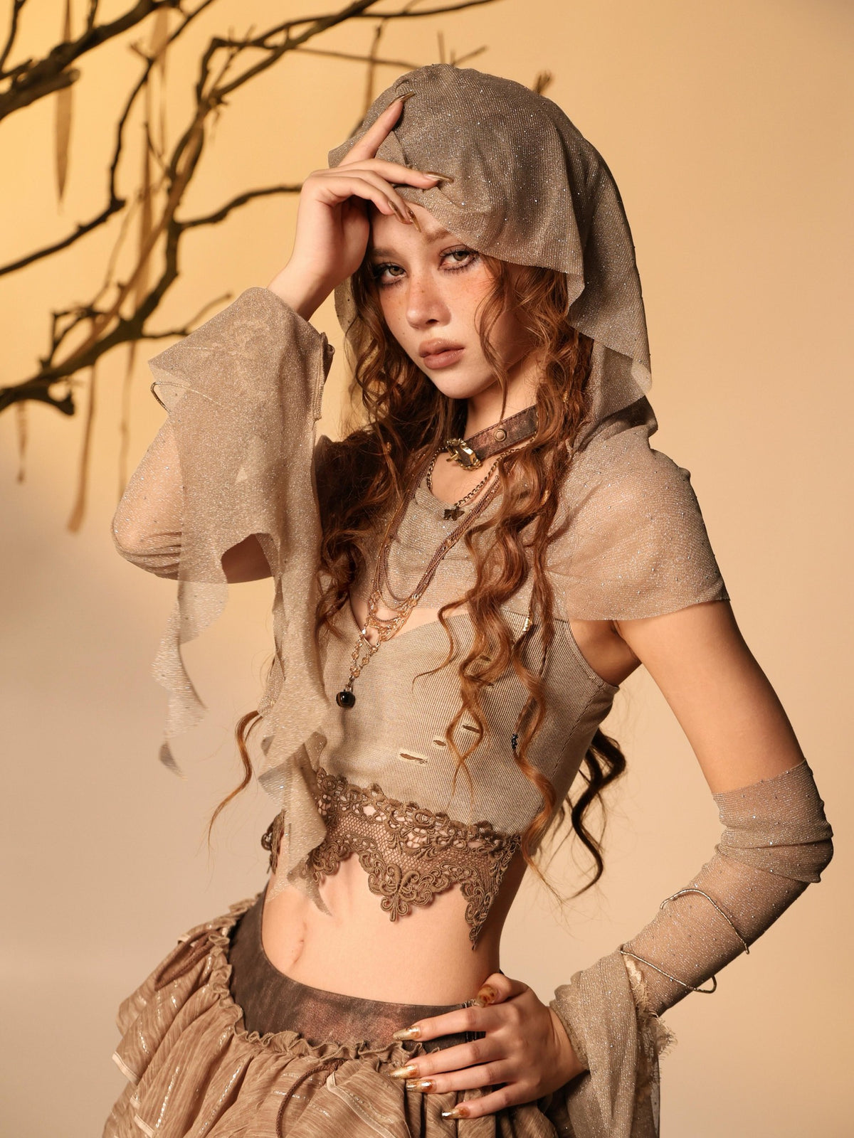 Virtual Orbit Lace Cropped Cami Shimmer Hooded Sleeves Women&