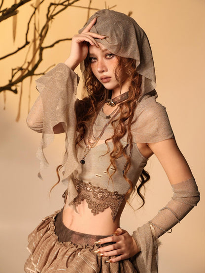Virtual Orbit Lace Cropped Cami Shimmer Hooded Sleeves Women&