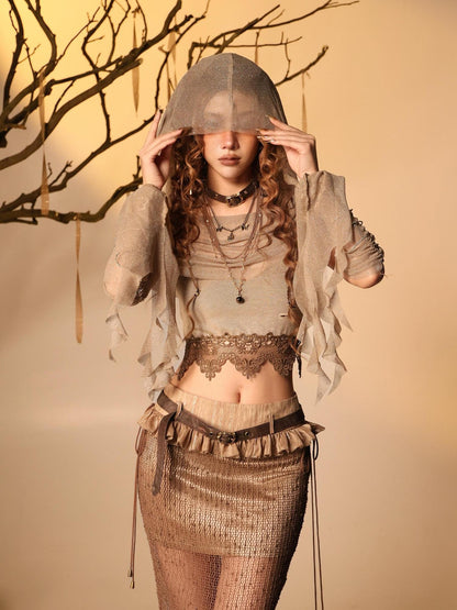 Virtual Orbit Lace Cropped Cami Shimmer Hooded Sleeves Women&