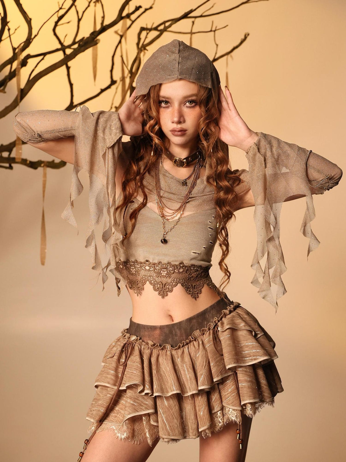 Virtual Orbit Lace Cropped Cami Shimmer Hooded Sleeves Women&