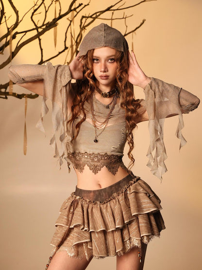 Virtual Orbit Lace Cropped Cami Shimmer Hooded Sleeves Women&