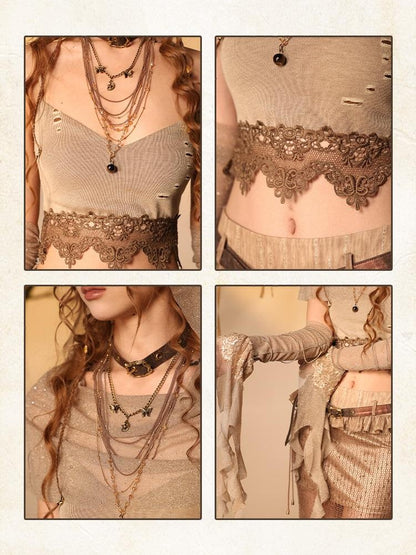 Virtual Orbit Lace Cropped Cami Shimmer Hooded Sleeves Women&